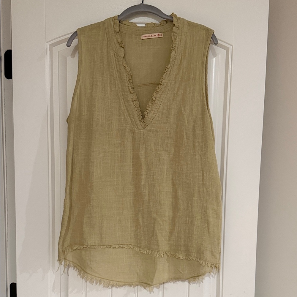 Sleeveless Ruffled V-Neck Blouse - Beige